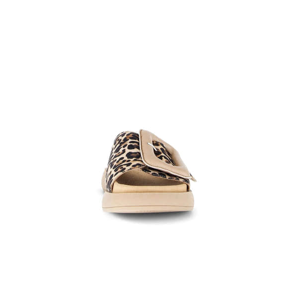 Gabor Adios Ladies Leopard Print Leather Touch Fastening Sandals with buckle detail and cushioned sole.