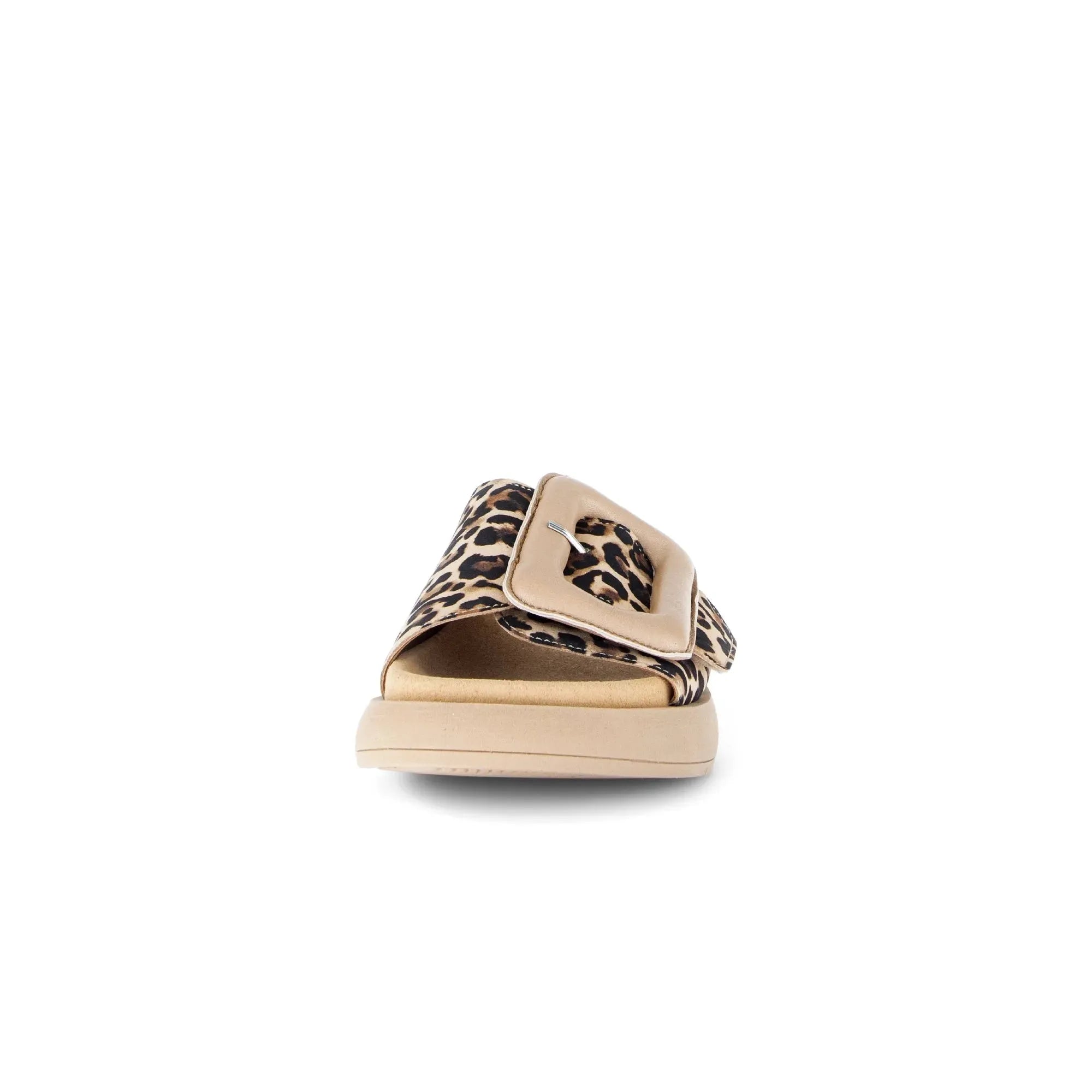 Gabor Adios Ladies Leopard Print Leather Touch Fastening Sandals with buckle detail, beige and black leopard pattern, flat sole.