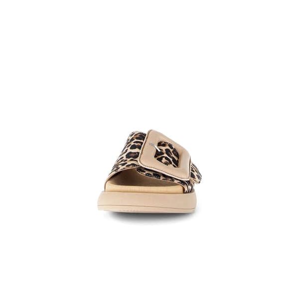 Gabor Adios Ladies Leopard Print Leather Touch Fastening Sandals with buckle detail, beige and black leopard pattern, flat sole.