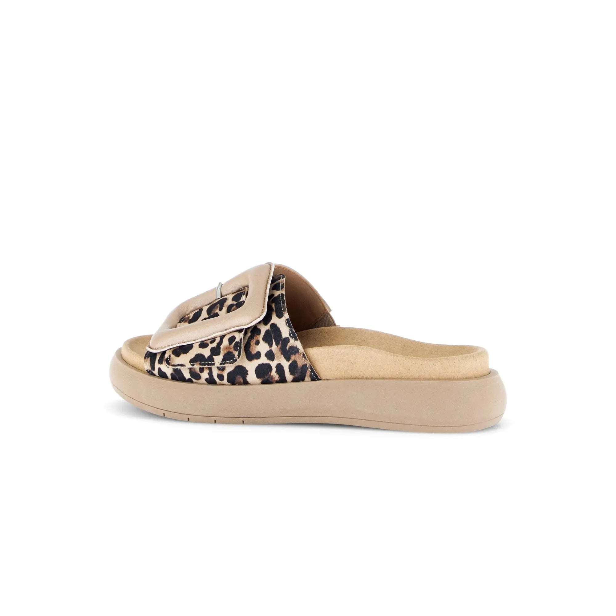 Gabor Adios Ladies Leopard Print Leather Touch Fastening Sandals with cushioned sole and adjustable strap.