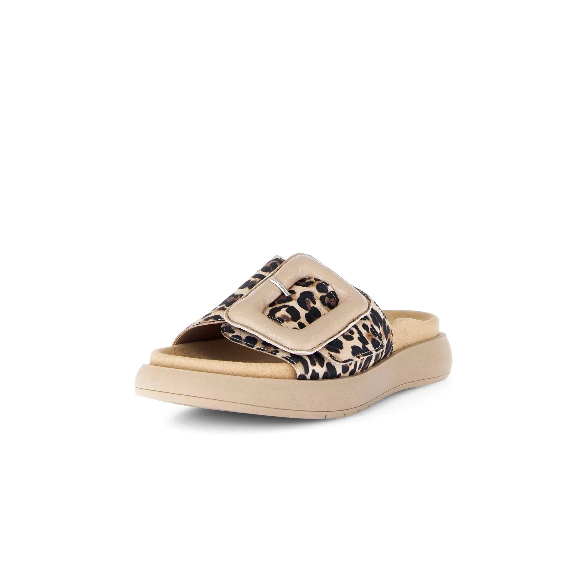 Gabor leopard print leather touch fastening sandals with beige buckle and cushioned sole.