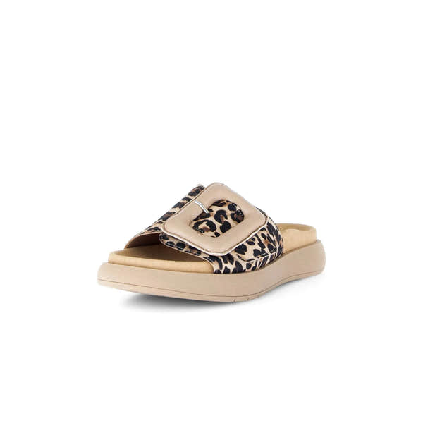 Gabor leopard print leather touch fastening sandals with beige buckle and cushioned sole.