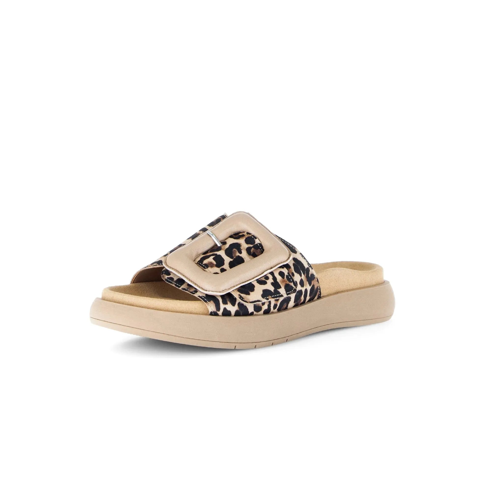 Gabor Adios Ladies Leopard Print Leather Touch Fastening Sandals with buckle detail and beige cushioned sole.