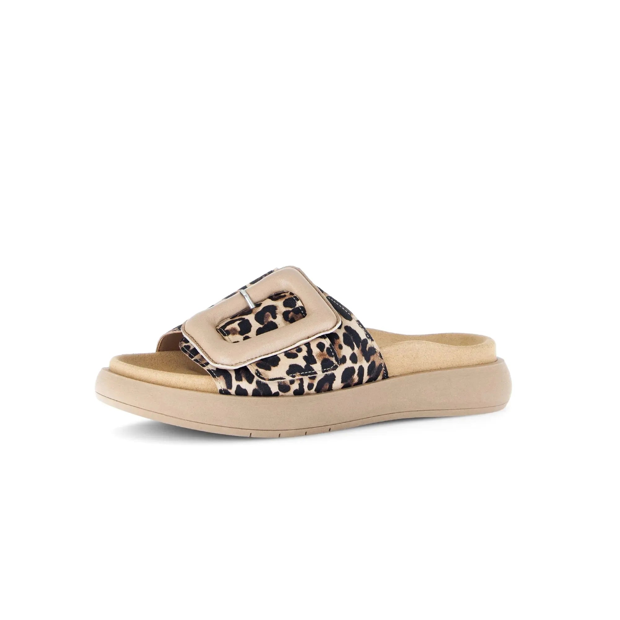 Gabor Leopard Print Leather Touch Fastening Ladies Sandals with buckle detail and cushioned sole.