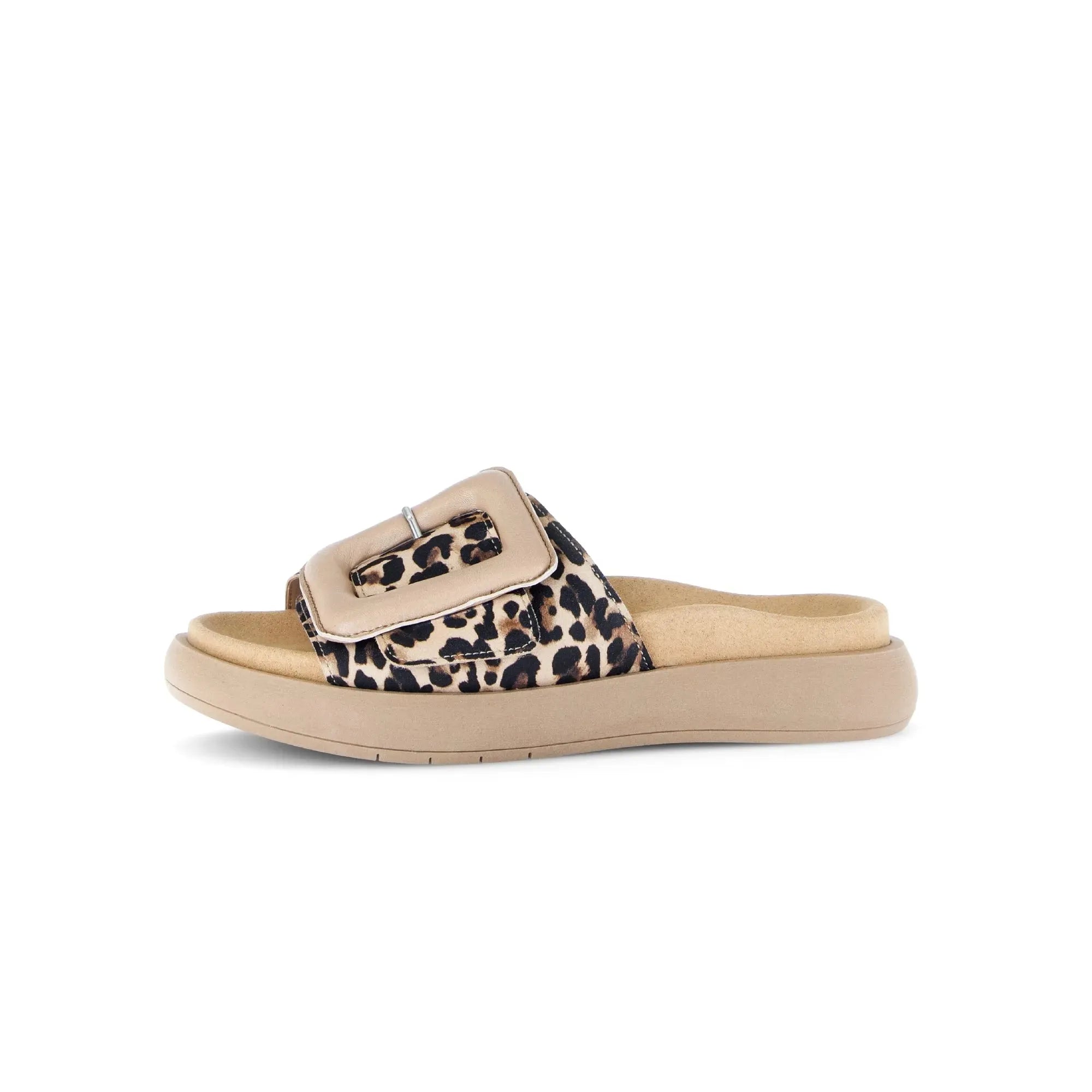 Gabor Adios Ladies Leopard Print Leather Touch Fastening Sandals with cushioned sole and adjustable strap.
