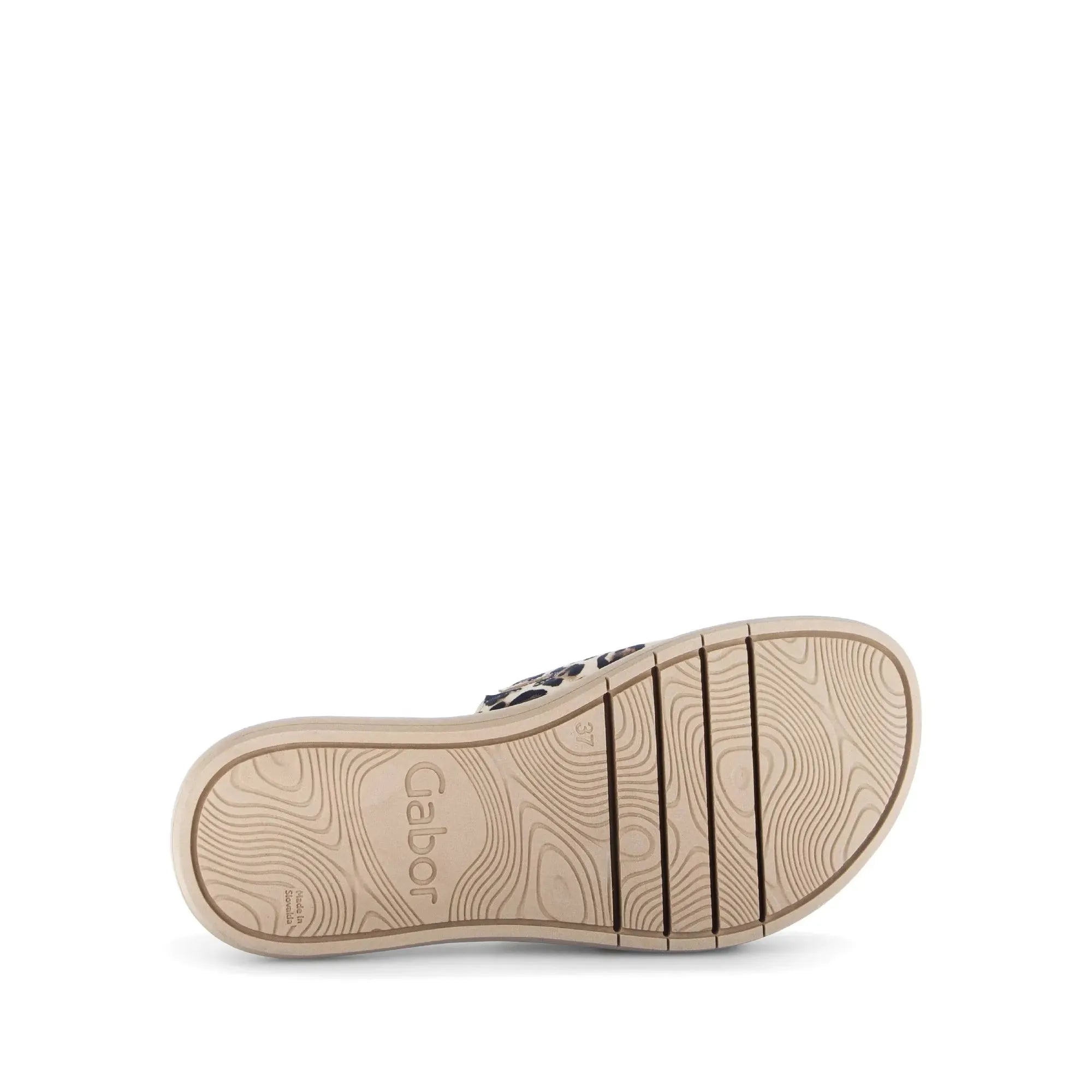 Gabor Adios Ladies Leopard Print Leather Touch Fastening Sandals with slip-resistant sole and stylish strap details.