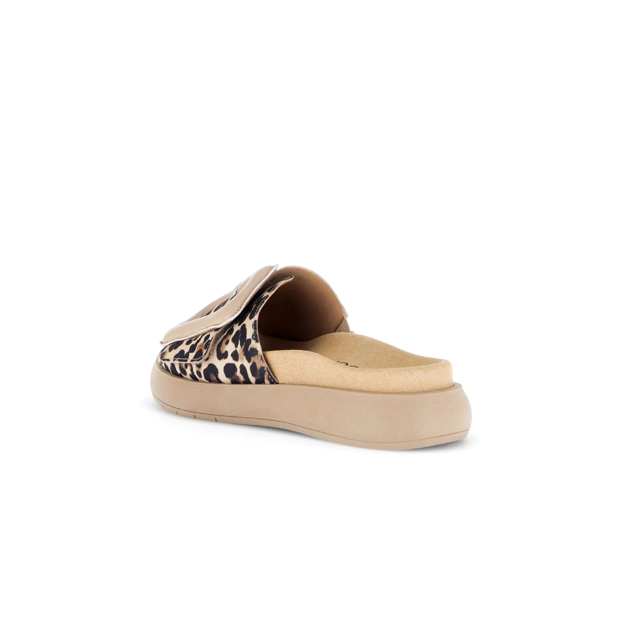 Gabor Adios Ladies leopard print leather touch fastening sandals with cushioned insole and beige sole.