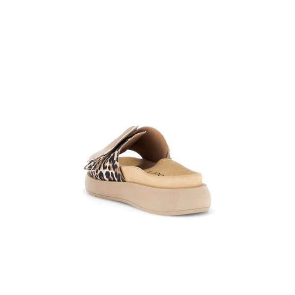 Gabor Adios Ladies leopard print leather touch fastening sandals with cushioned beige sole and bow detail.