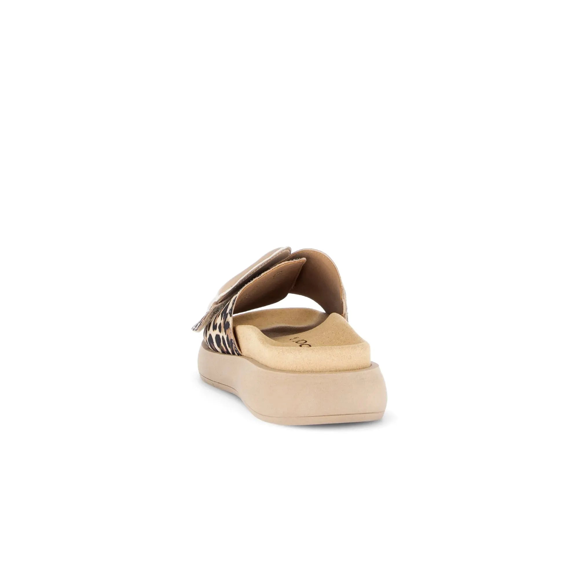 Gabor Adios Ladies Leopard Print Leather Touch Fastening Sandals with cushioned beige footbed and chunky sole.