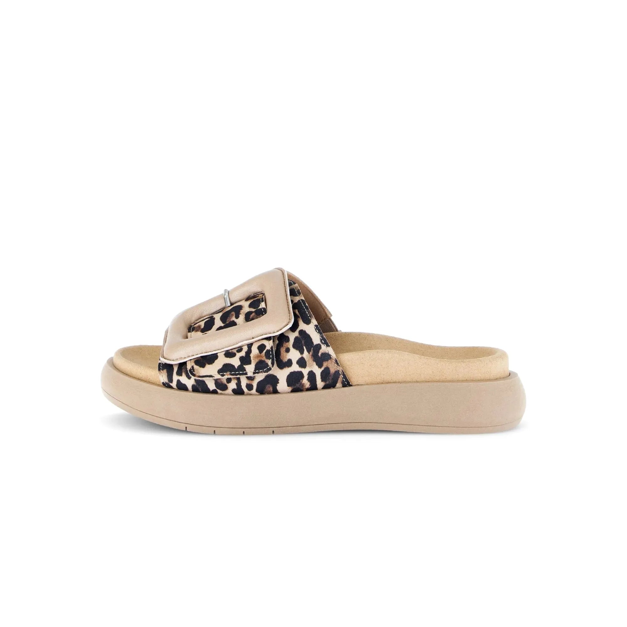 Gabor Adios Ladies leopard print leather slide sandals with touch fastening strap and cushioned sole.