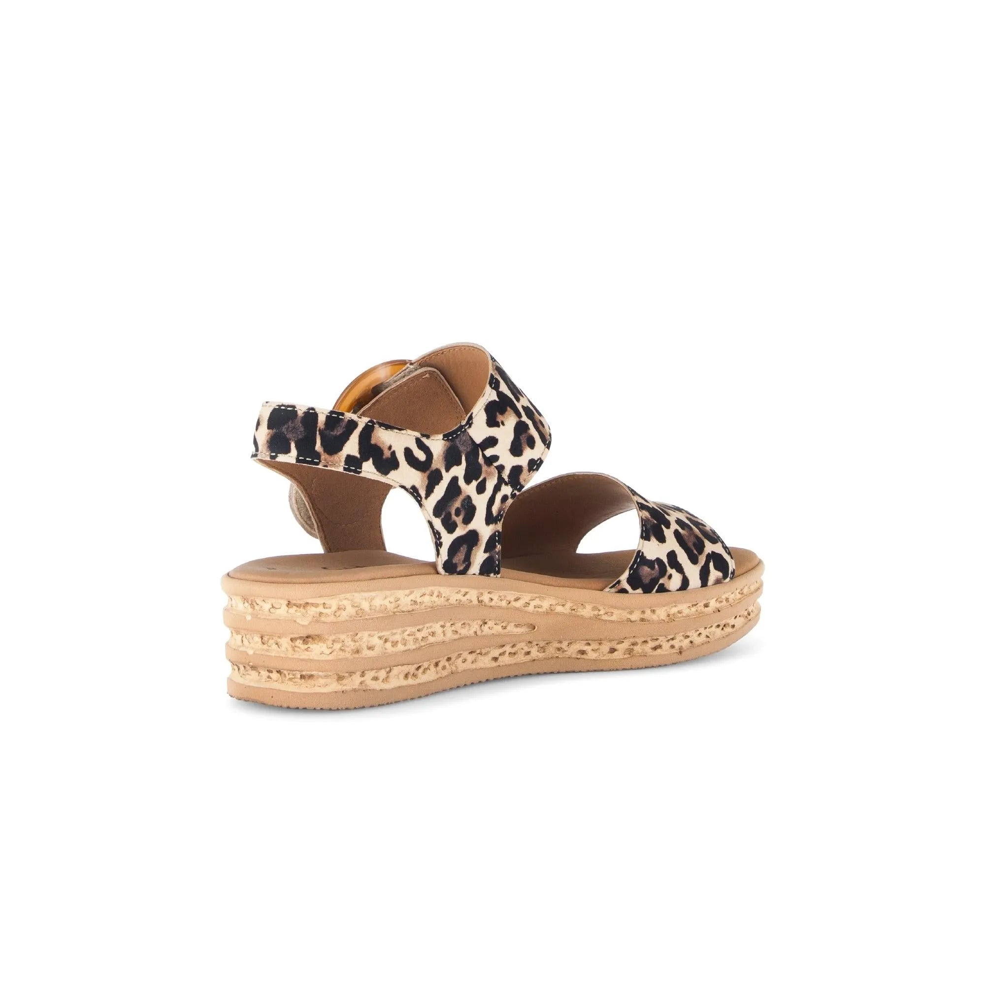 Gabor Andre leopard print suede touch fastening sandals with thick layered beige platform sole.