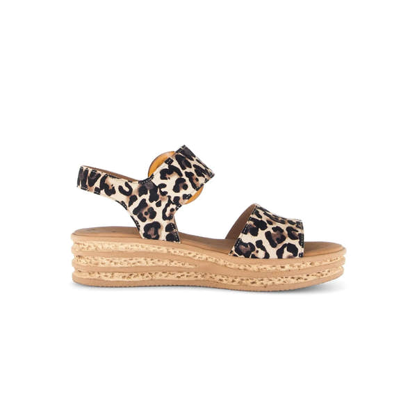 Gabor women's animal print suede touch fastening sandals with chunky wedge sole and platform heel.