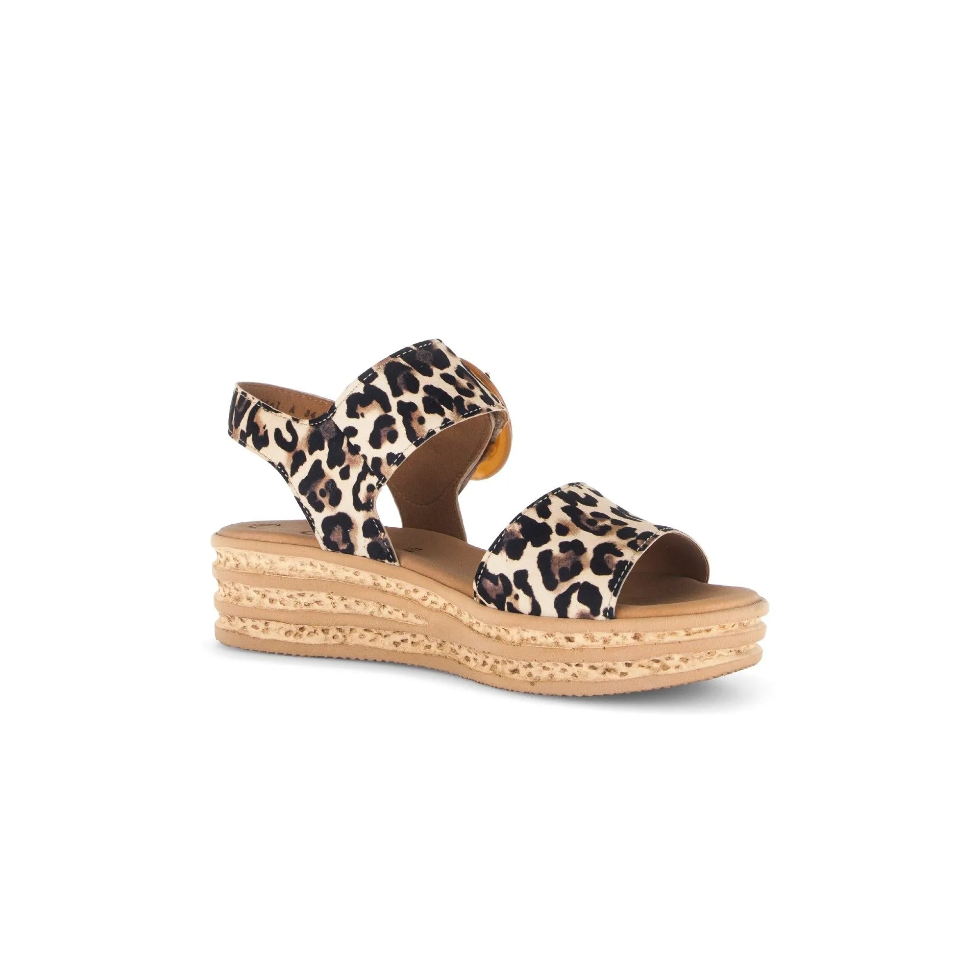 Gabor leopard print suede touch fastening platform sandals with chunky sole and ankle strap.