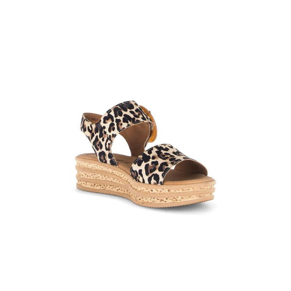 Gabor leopard print suede touch fastening wedge sandals with layered platform sole for women.