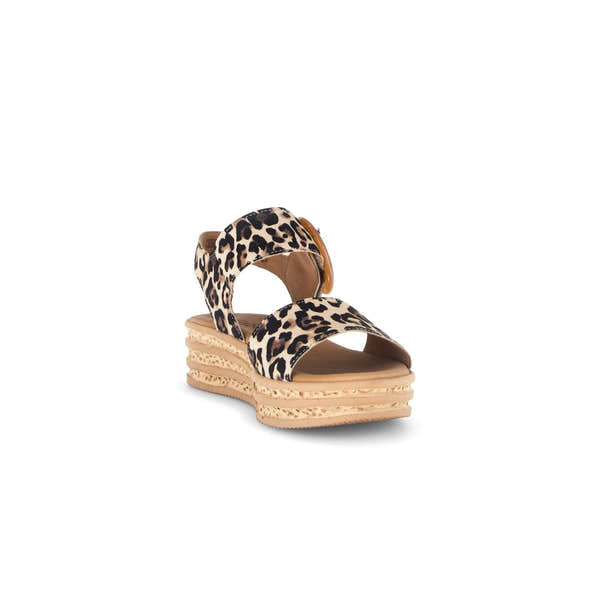Gabor leopard print suede touch fastening sandals with chunky platform sole and animal print straps.