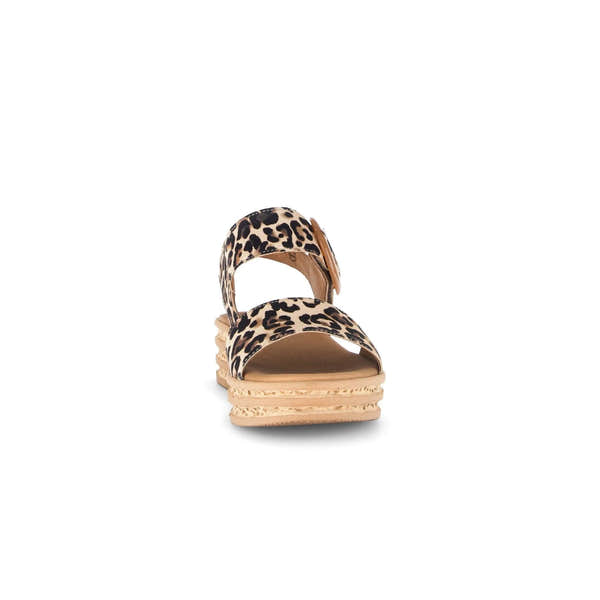 Gabor Andre animal print suede touch fastening sandals with chunky platform sole and leopard pattern.