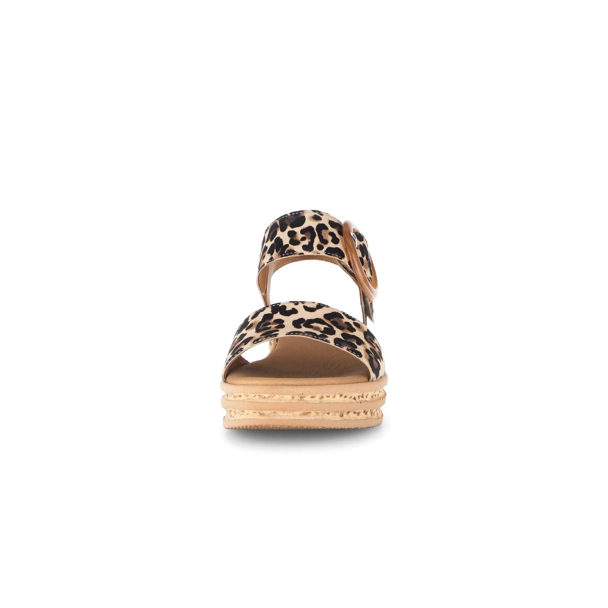 Gabor Andre women's animal print suede touch fastening sandals with layered sole, beige and black leopard pattern.