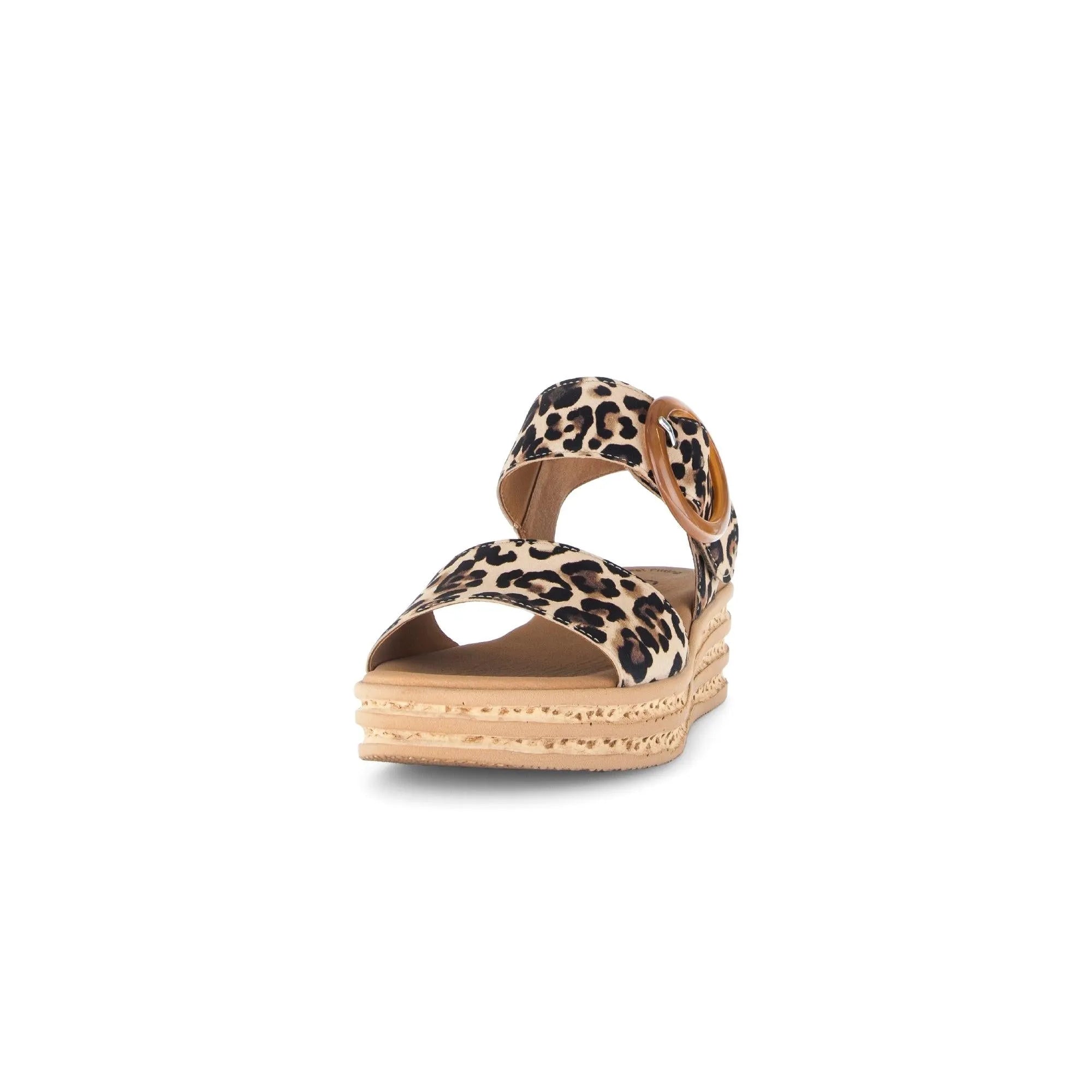 Gabor women's animal print suede touch fastening wedge sandals with buckle strap and layered platform sole.