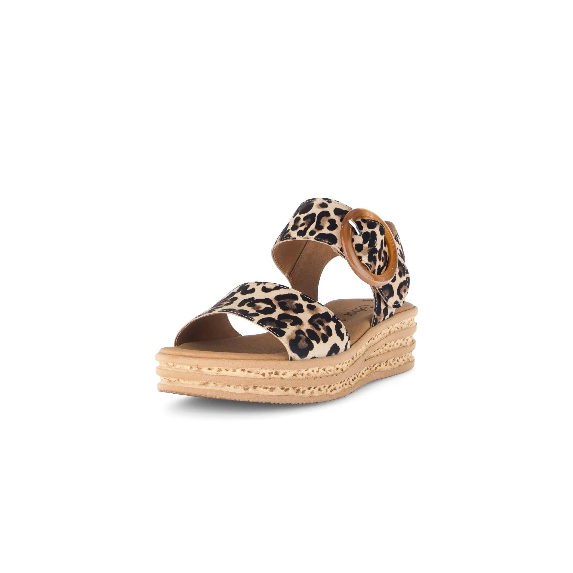 Gabor leopard print animal suede touch fastening sandals with thick layered sole and buckle detail.