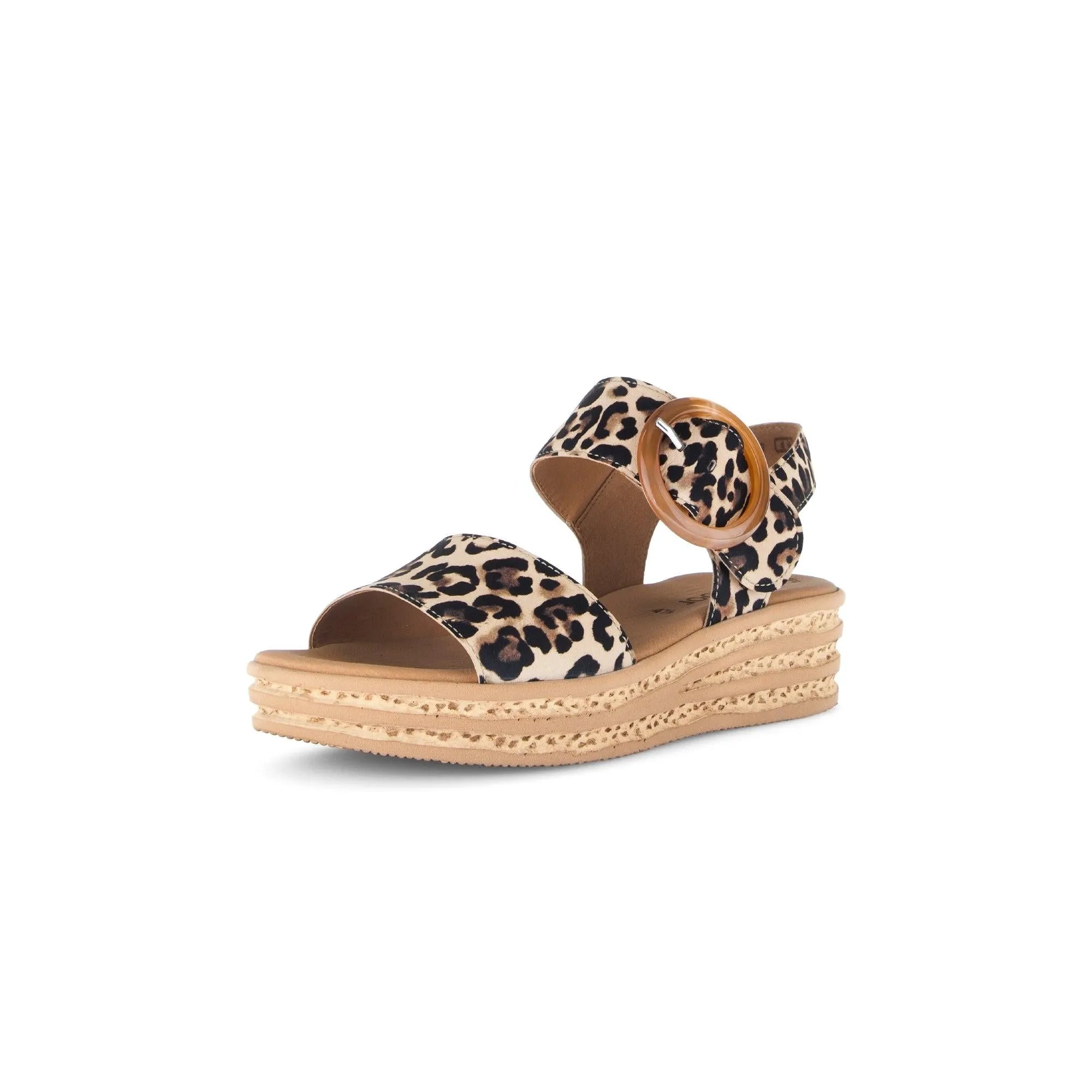 Gabor Andre leopard print suede touch fastening platform sandals with chunky sole and circular buckle detail.