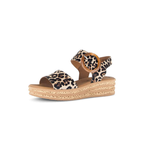 Gabor Andre leopard print suede platform sandals with ankle strap and circular buckle, slip-on design, lightweight sole.