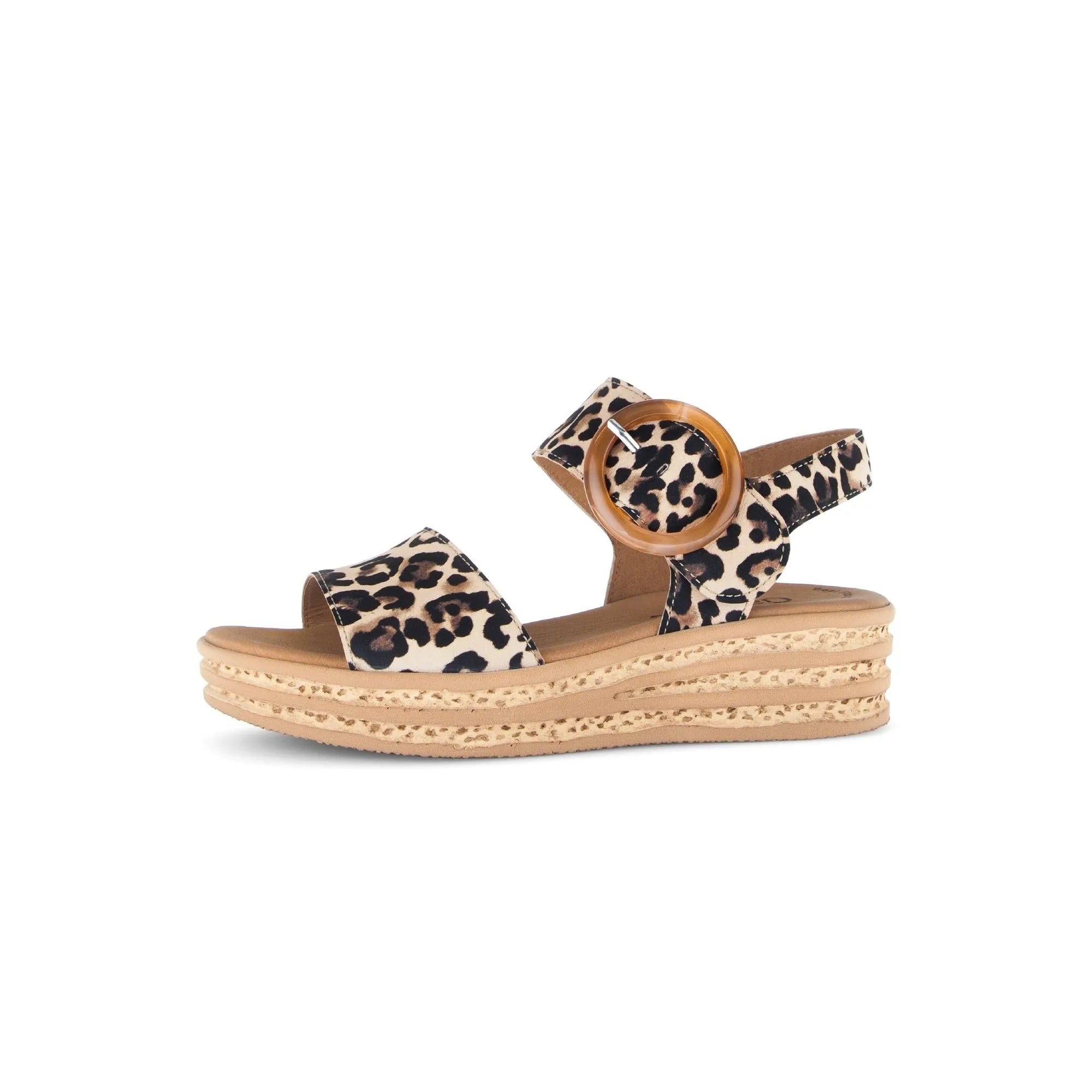 Gabor 84.550.34 Andre leopard print suede touch fastening platform sandals with scalloped sole.