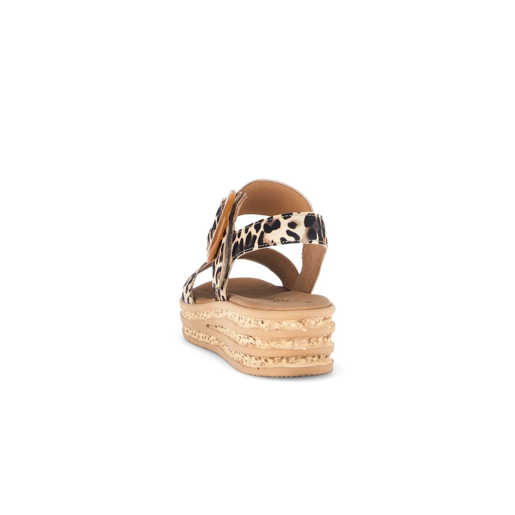 Gabor Ladies Animal Print Suede Touch Fastening Wedge Sandals with layered platform sole.