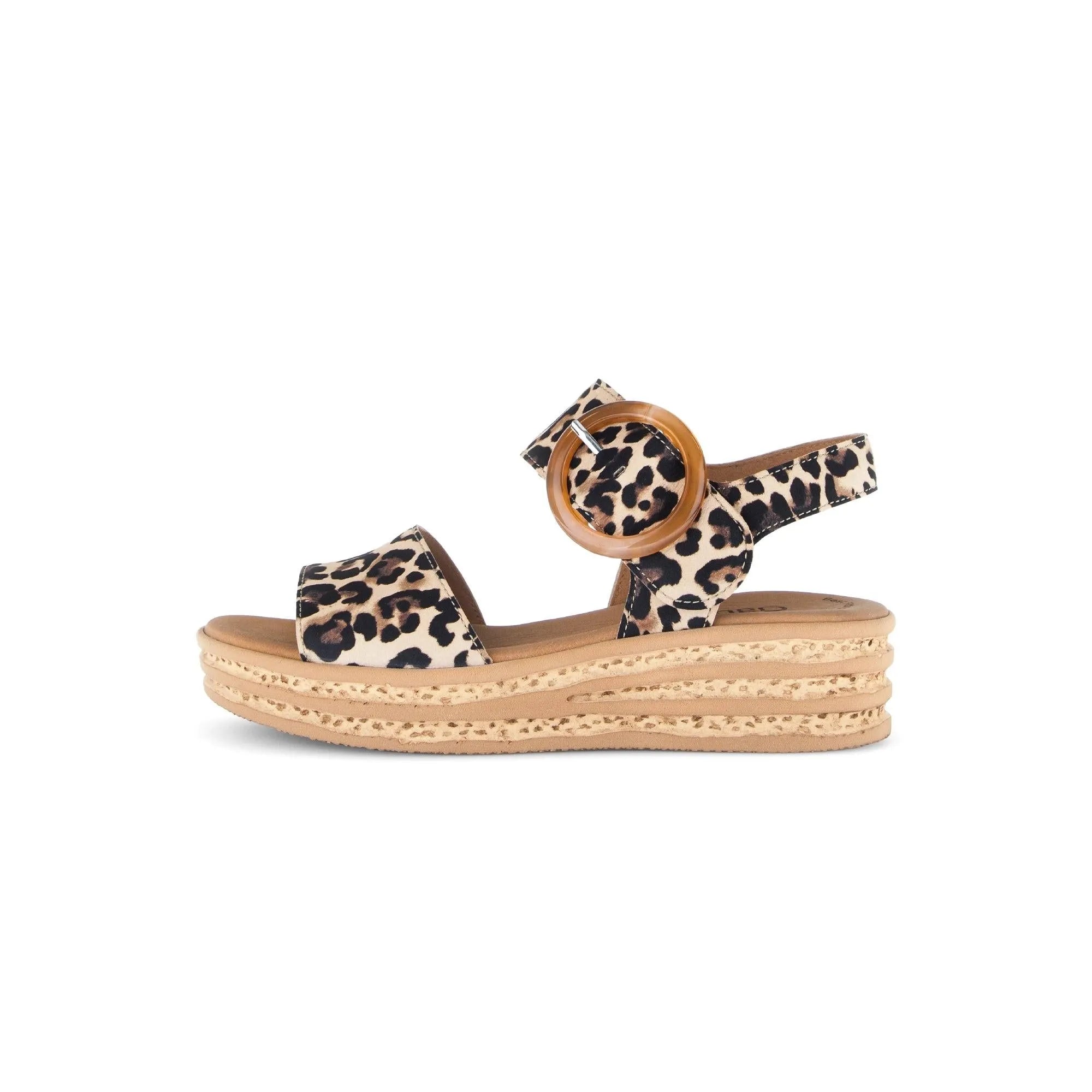 Gabor Andre women's animal print suede touch fastening sandals with chunky sole and leopard pattern.