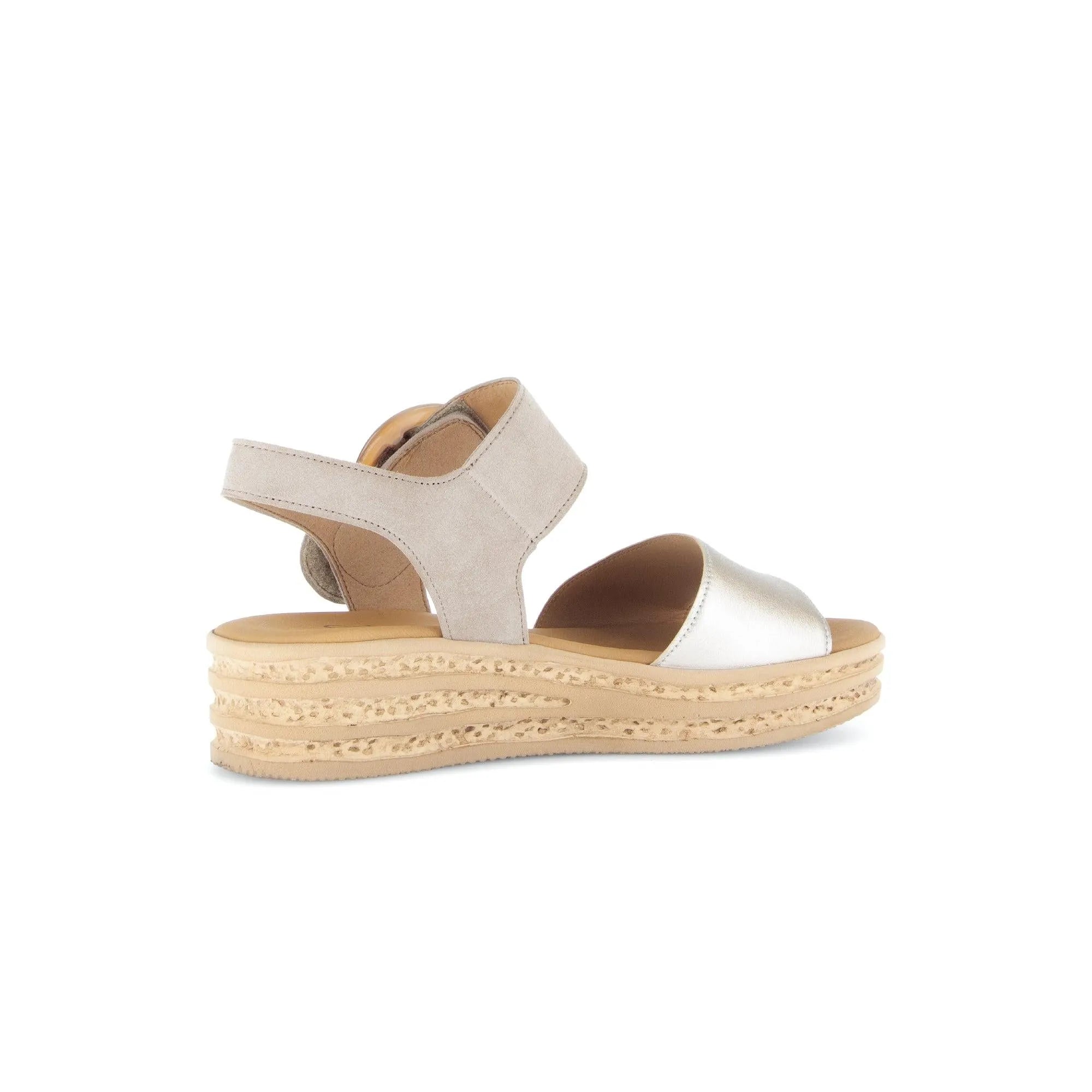 Gabor ladies beige leather touch fastening sandals with a layered, textured platform sole.
