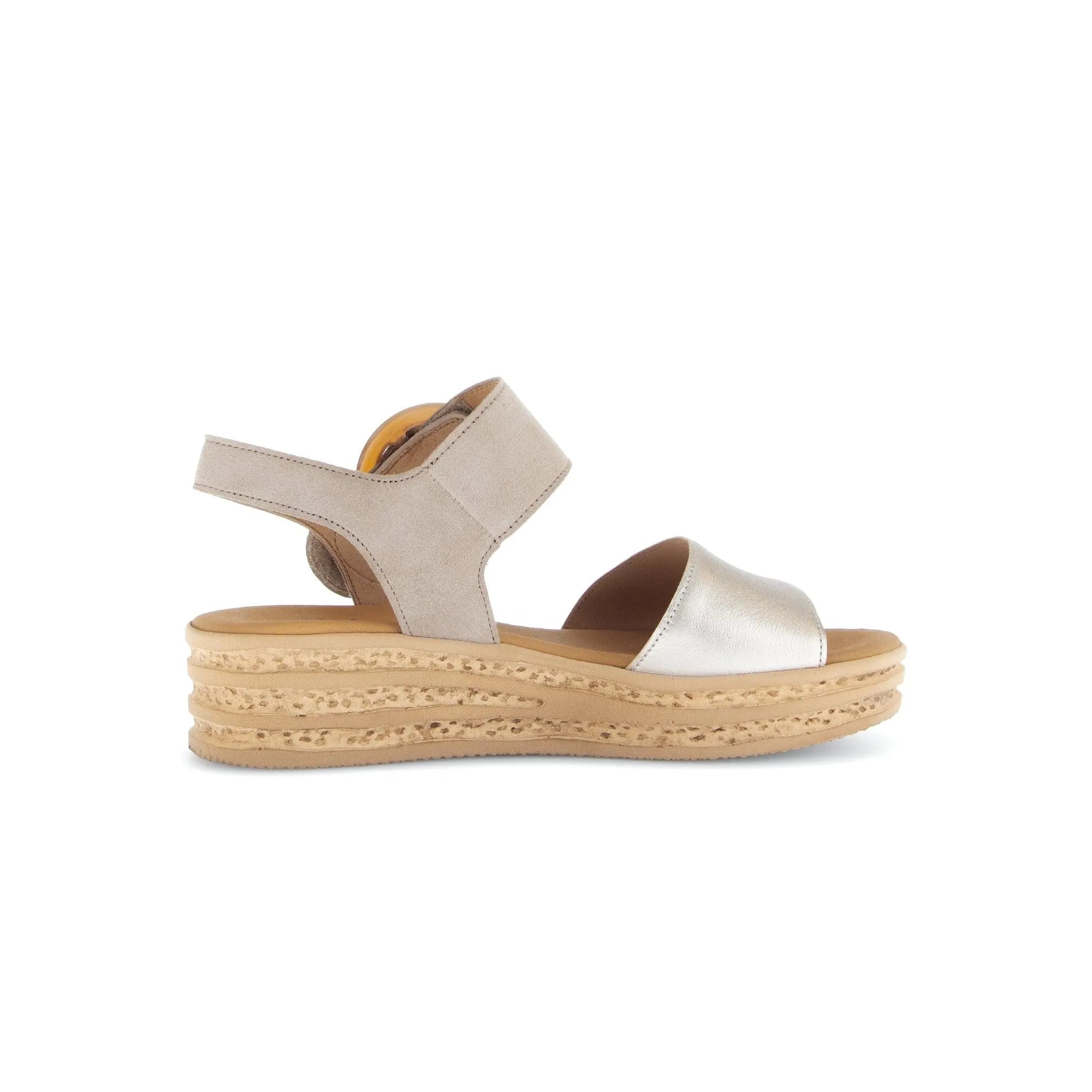 Gabor beige leather touch fastening ladies sandals with chunky rubber sole, open toe, and ankle strap.