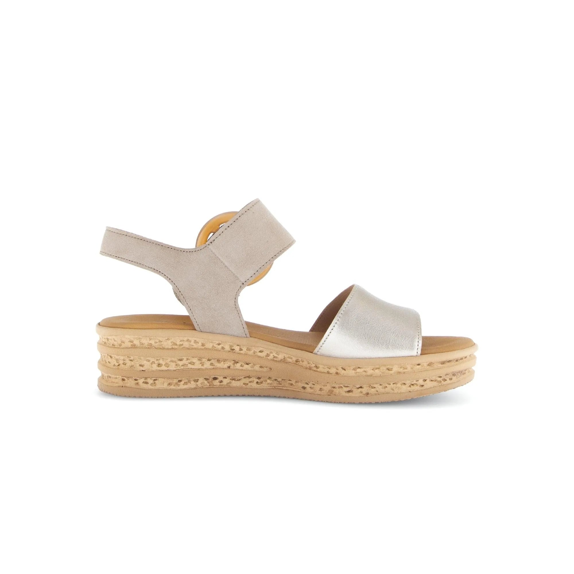 Beige leather touch fastening sandals with a silver strap and cork-style wedge sole. Comfortable and stylish for summer wear.