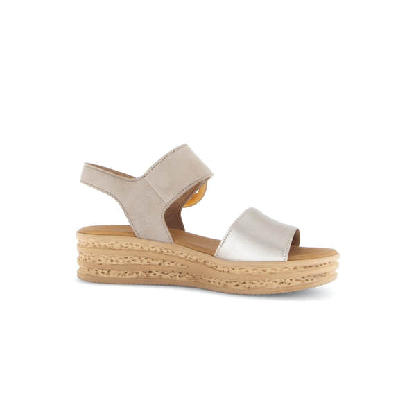 Gabor 84.550.62 Andre ladies beige leather touch fastening sandals with a thick, textured platform sole.