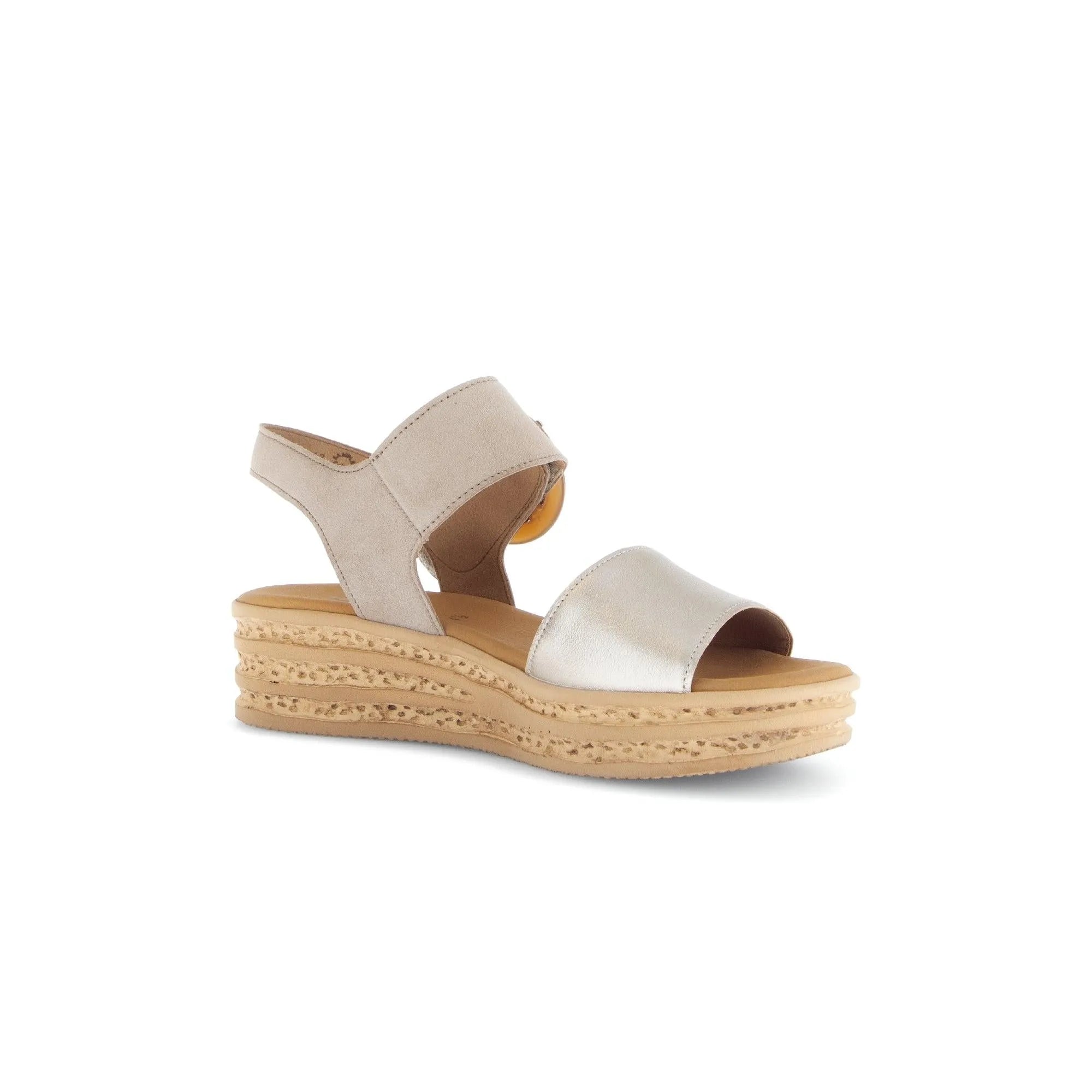 Beige leather touch fastening wedge sandals with a chunky, textured sole and two wide straps, one over the toes and one around the ankle.