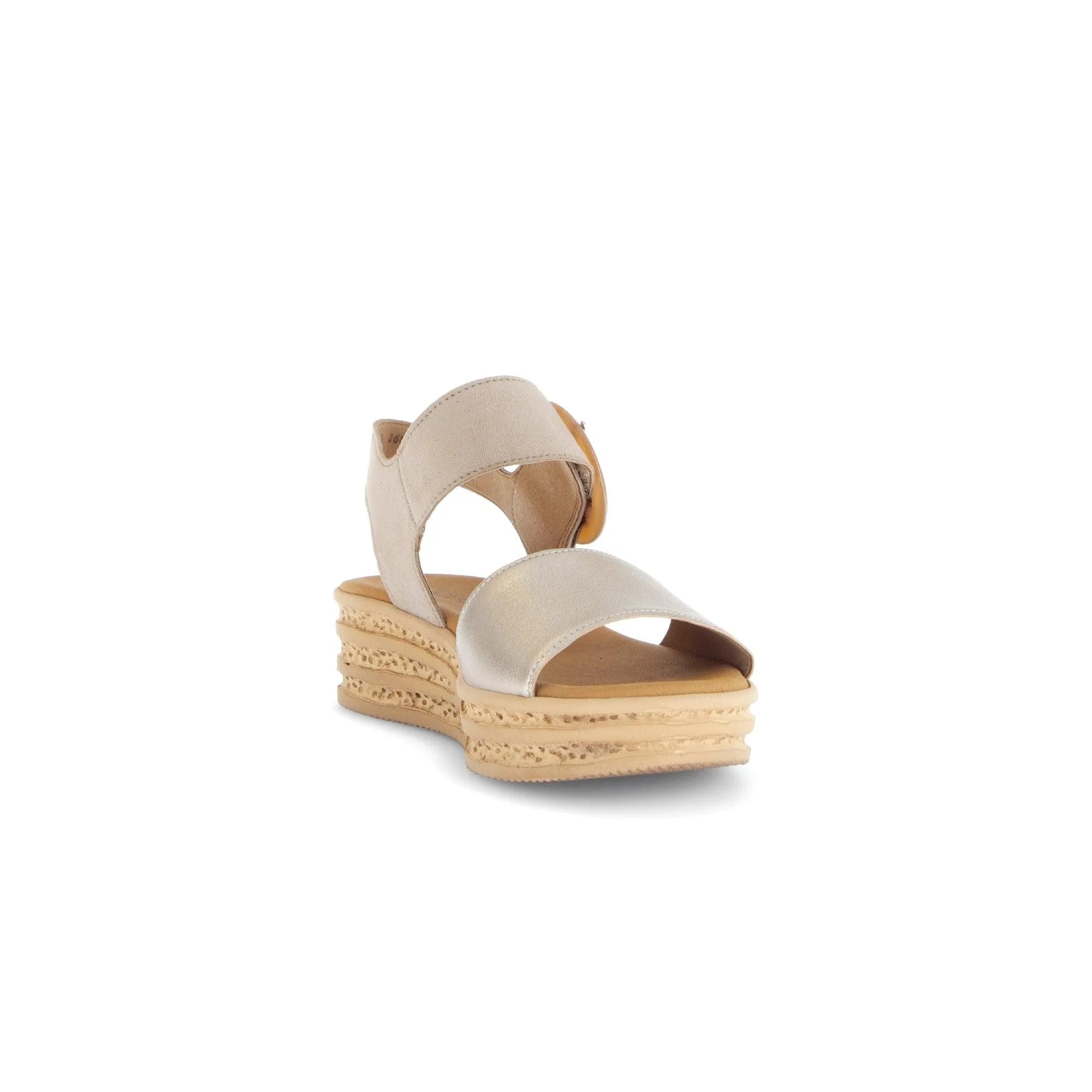 Beige leather touch fastening ladies' sandals with wide straps and a layered platform wedge sole.