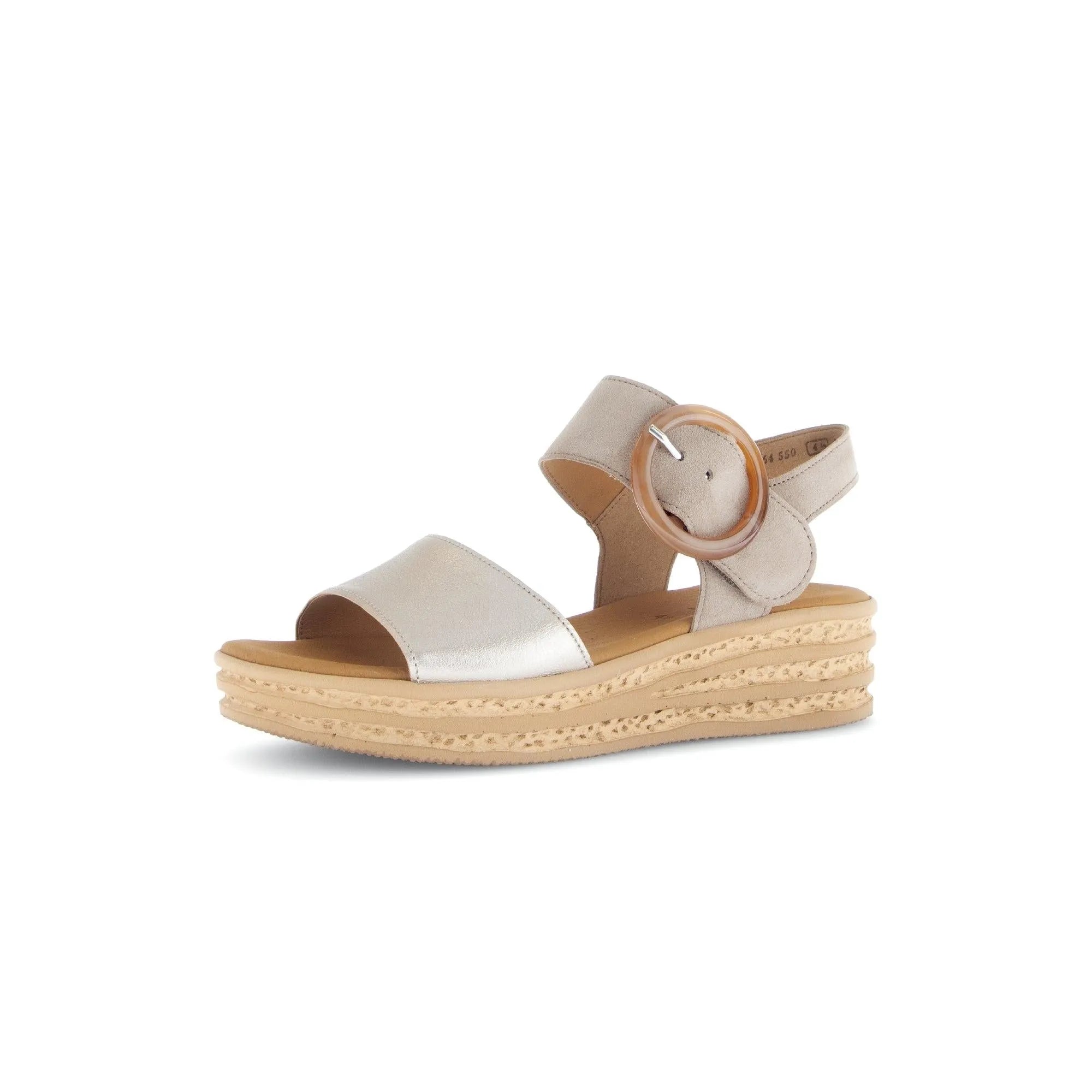 Beige leather touch fastening sandals with chunky platform sole, rounded buckle, and open toe design.