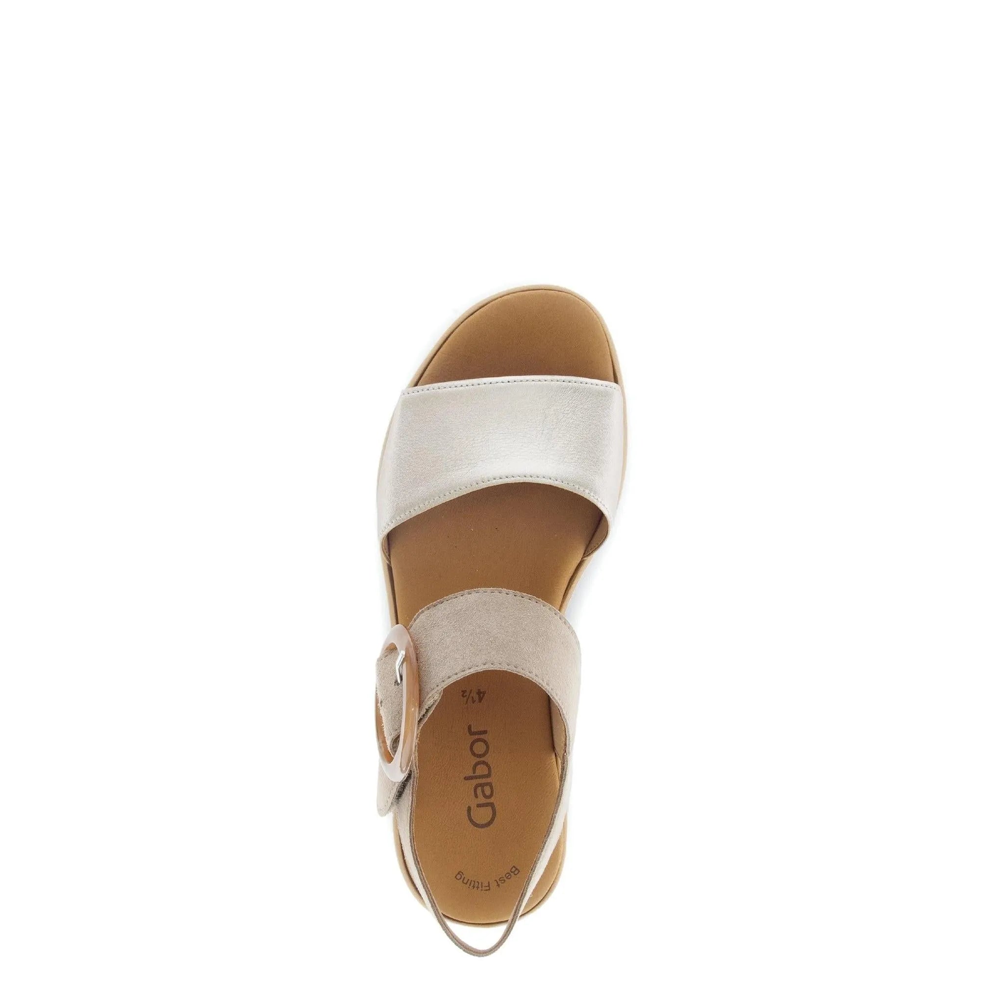 Beige leather touch fastening sandal with a wide strap, suede ankle strap with buckle, and cushioned insole.
