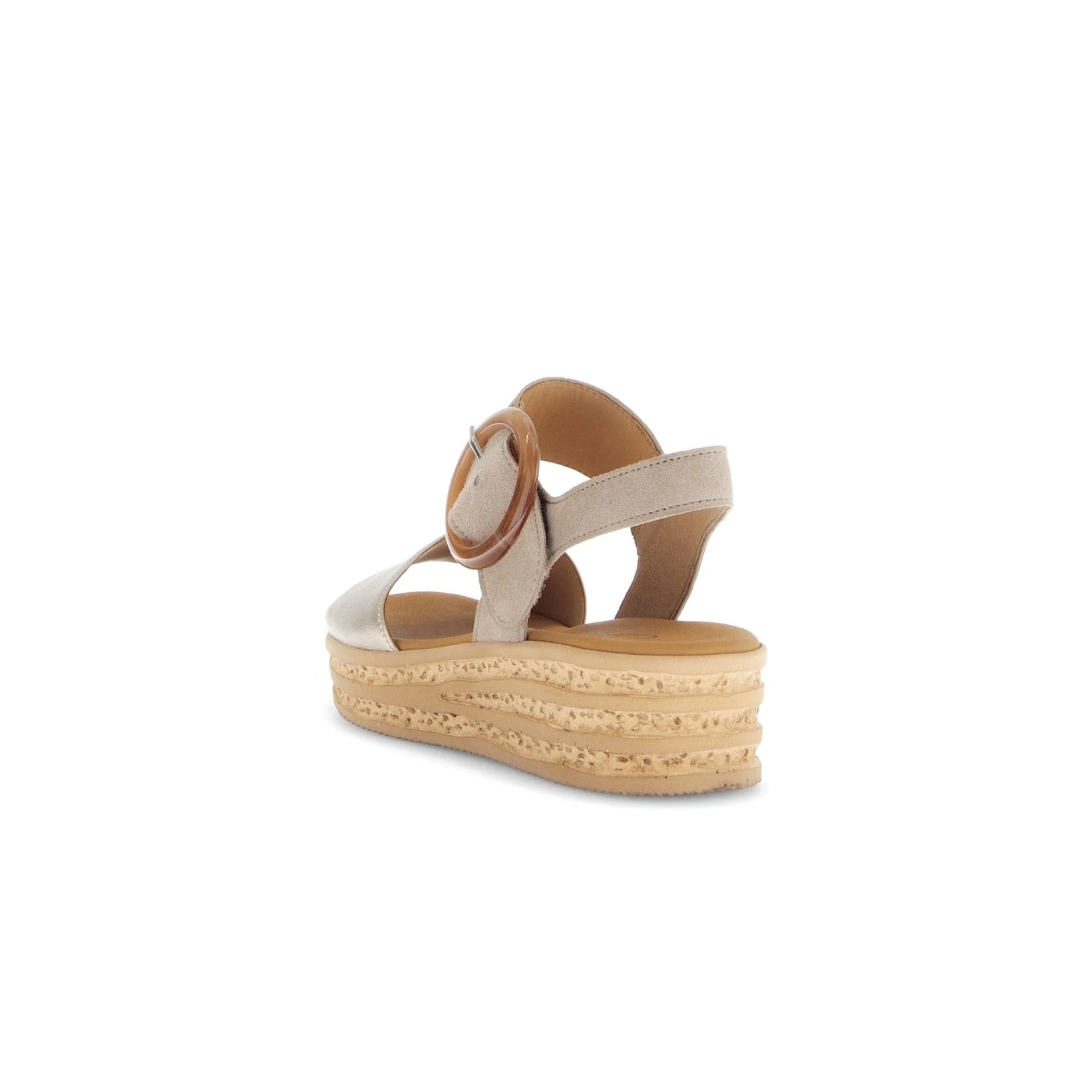Beige leather touch fastening sandals with a stylish ankle strap and thick, textured wedge sole for comfort.