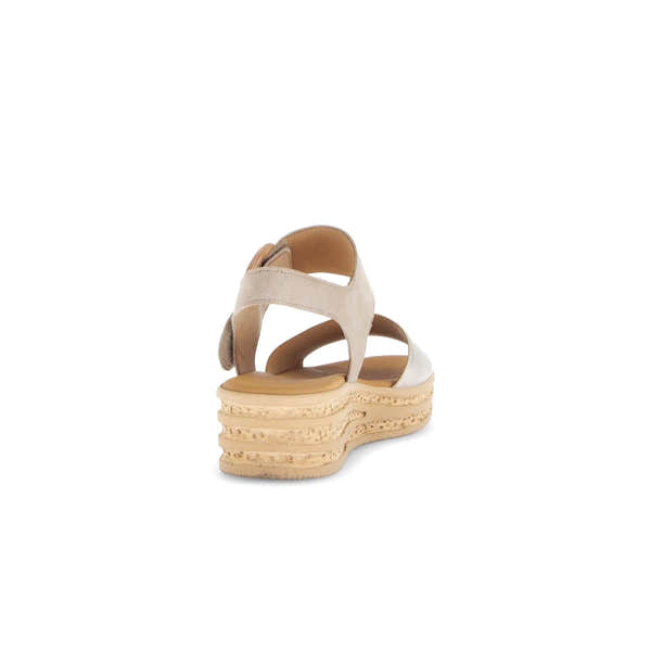 Beige leather touch fastened women's platform sandal with a chunky, textured sole.