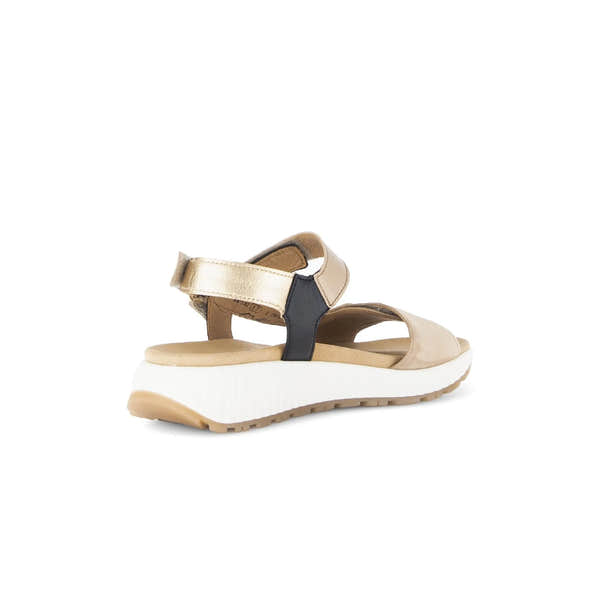 Gabor women's leather touch fastenings beige and black sporty sandals with white chunky sole.