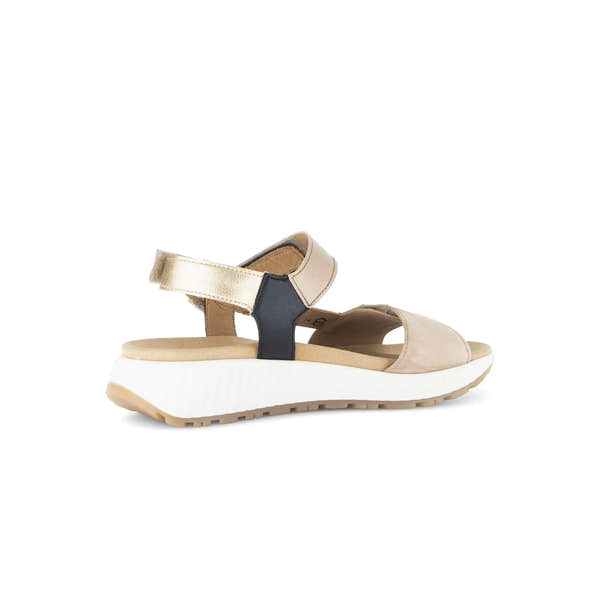Gabor women's beige leather touch-fastening sandals with black and gold accents, chunky white sole, and adjustable strap.