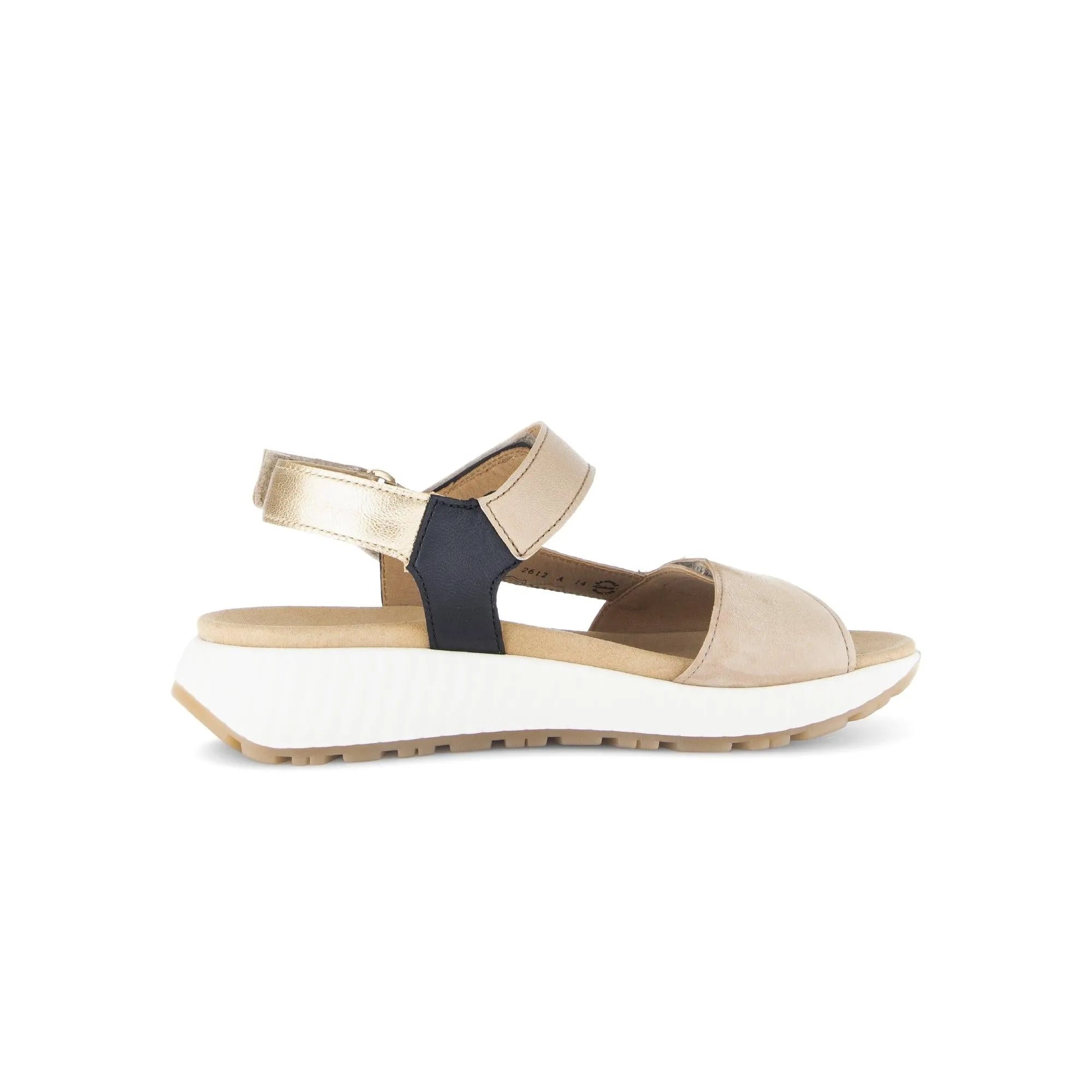 Gabor women's leather touch fastening sandals in sand color with chunky white sole and black strap detail.
