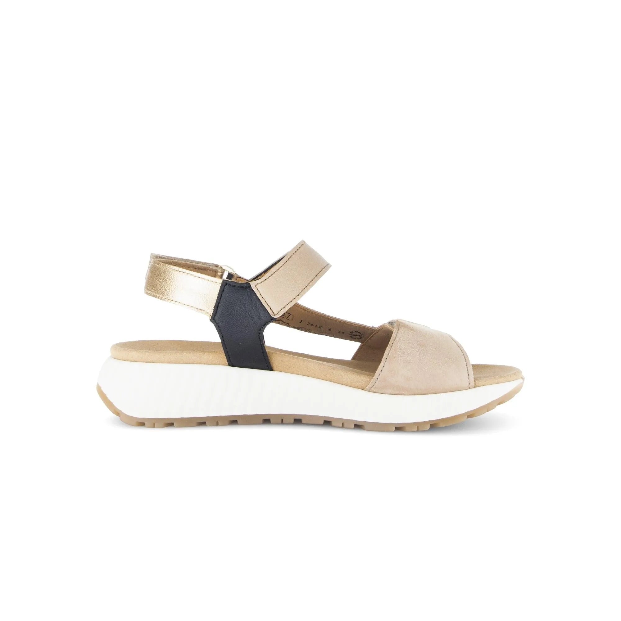 Gabor women's beige leather touch fastening sandal with black accents and white sole, stylish and comfortable.