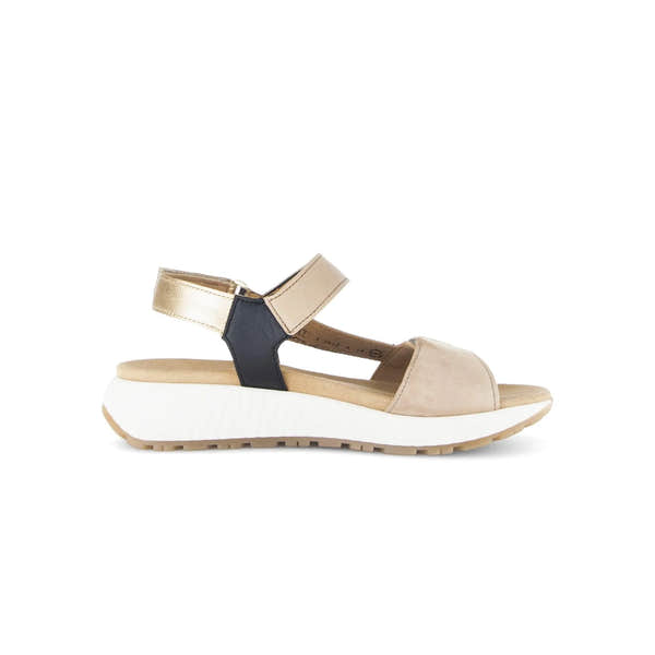 Gabor women's beige leather touch fastening sandal with black accents and white sole, stylish and comfortable.