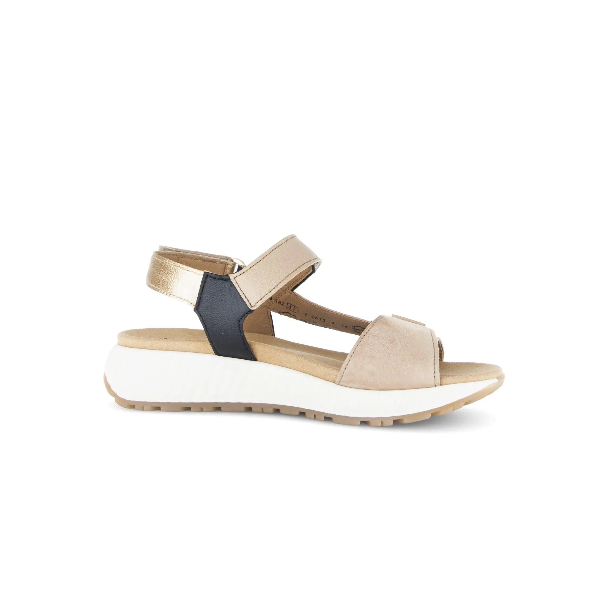 Gabor women's sand leather touch fastening sandals with adjustable straps and chunky white sole.
