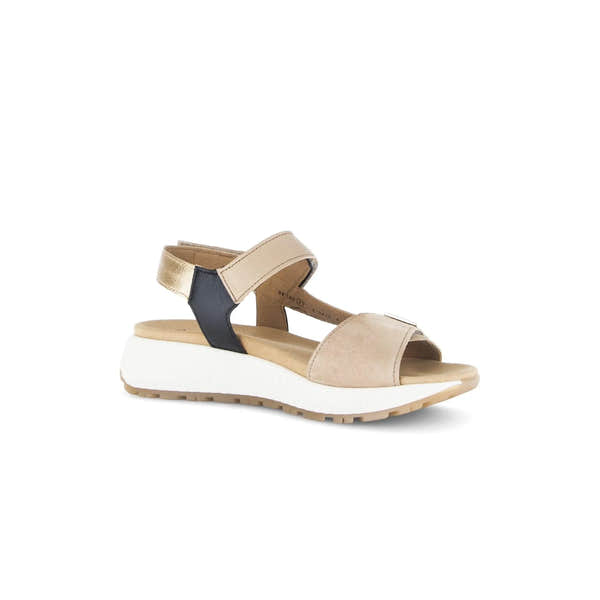 Gabor ladies' sandal in beige leather with black and gold straps, touch fastening, cushioned sole, and white platform heel.