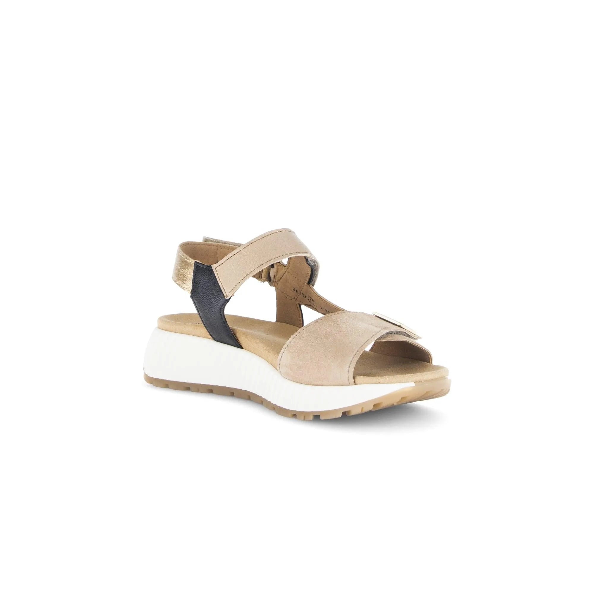 Gabor women's beige leather touch fastening sandal with black back strap and white outsole.