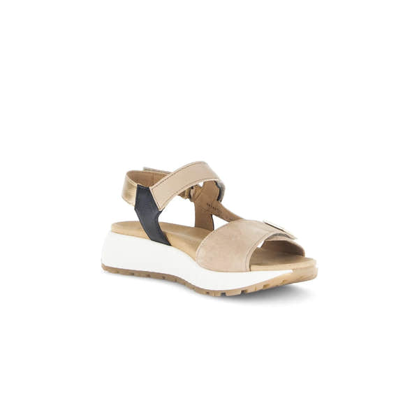 Gabor women's beige leather touch fastening sandal with black back strap and white outsole.