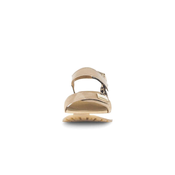 Gabor 84.582.14 women's beige leather touch fastening sandals with leopard print accents and cushioned sole.