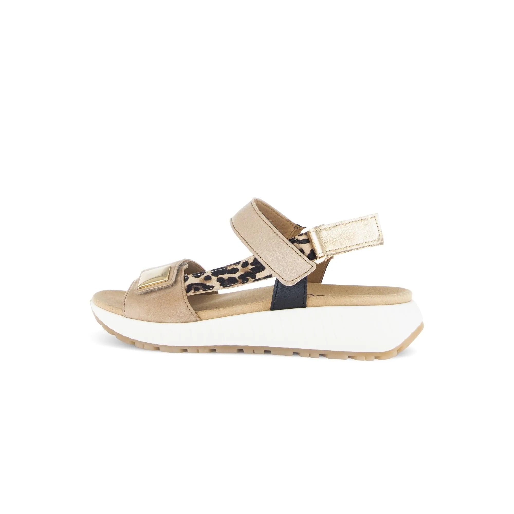 Gabor women's beige leather touch fastening sandals with leopard-print straps and white platform sole.