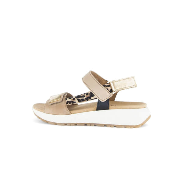Gabor women's beige leather touch fastening sandals with leopard-print straps and white platform sole.